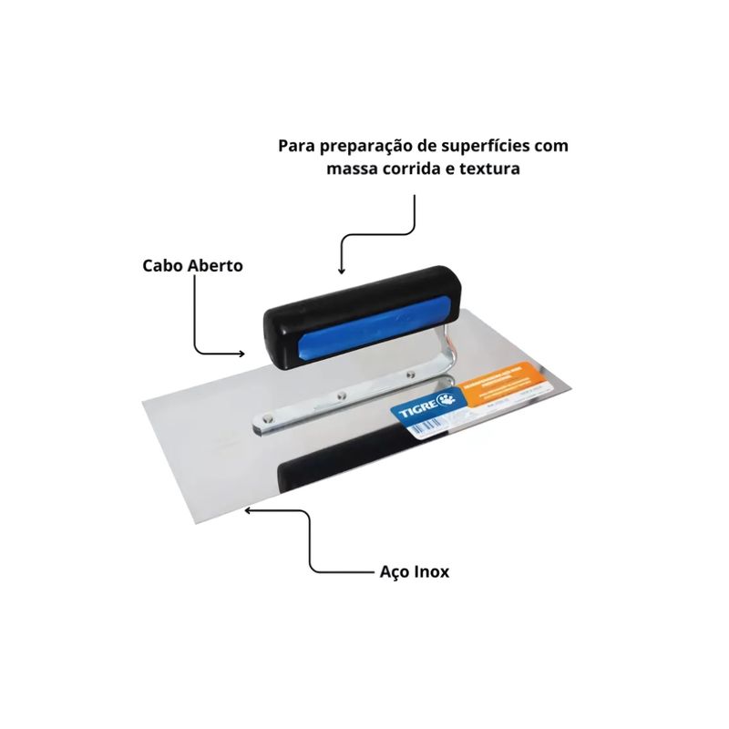 TIGRE DESEMPENADEIRA AÇO INOX LISA C/CABO PLASTICO ABERTO 12X35CM
